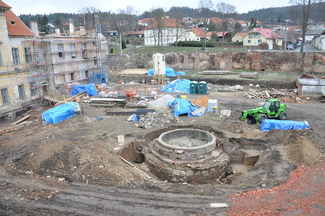 Zemní práce na zahradě a archeologický výzkum u kašny.